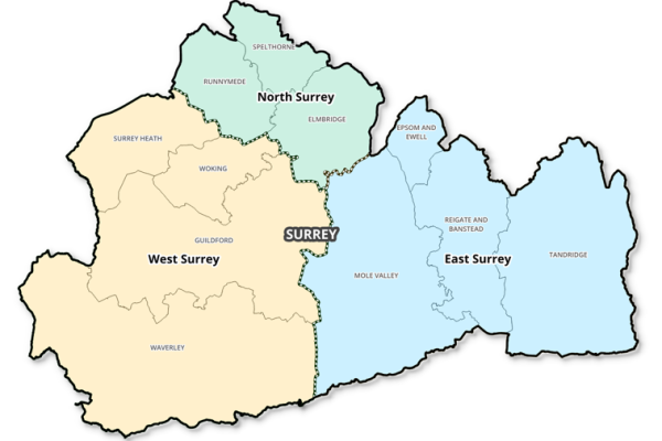 Map of Surrey split into three sections to reflect the proposed 3 unitary structure