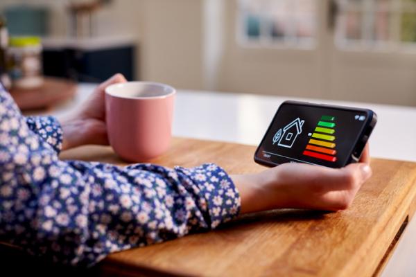 Person sat with a mug looking at energy efficiency of their home on a mobile phone