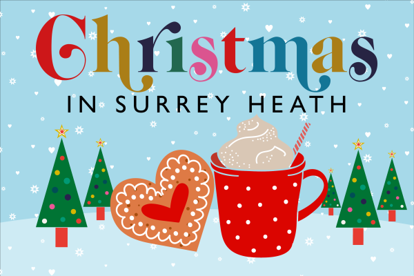 Christmas in Surrey Heath logo with hot chocolate, biscuit and Christmas trees