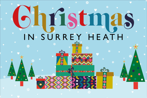 Christmas in Surrey Heath logo with gifts and Christmas trees