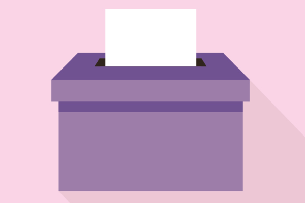 Light pink background, purple ballot box with white paper sticking out of the slot.