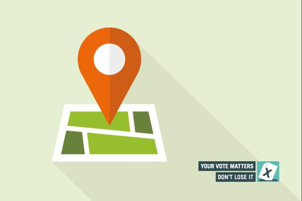 Light green background, large orange location pin on green and white map. The Electoral Commission logo bottom left, Your Vote Matters Don't Lose It with X logo bottom right.