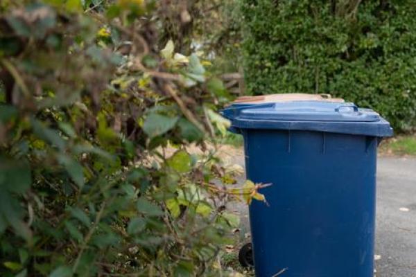 Pair of wheelie bins seen ready for collection outside a private driveway