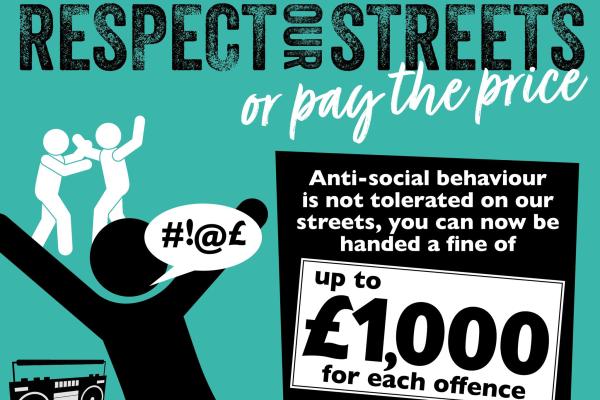 Green background with wording 'Respect our streets or pay the price. Anti-social behaviour is not tolerated on our streets. You can now be handed a fine of up to £1,000 for each offence.' SHBC and Surrey Police logos bottom right. Graphic of silhouette of a person with speech bubble with symbols representing swearing, figures in background fighting, music player, drinks cans and smashed bottle on ground.