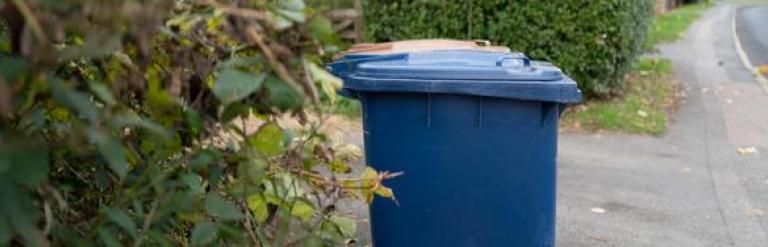 Pair of wheelie bins seen ready for collection outside a private driveway