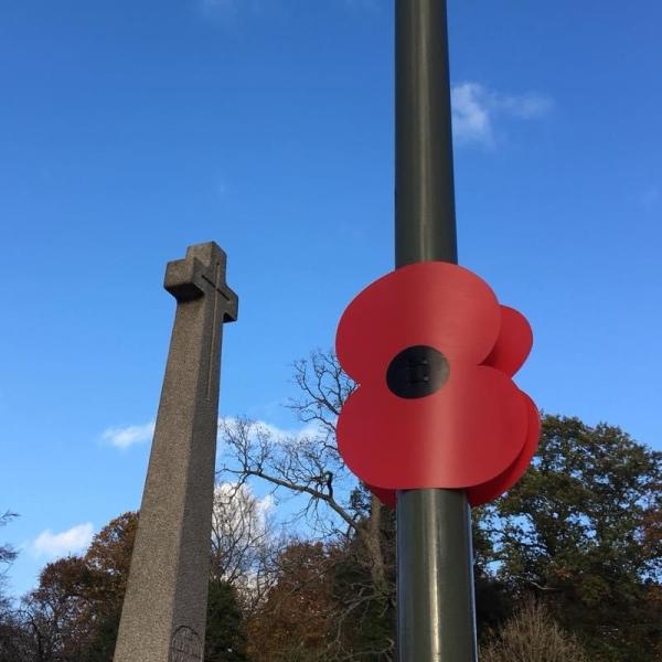 LArge poppy attached to lamppost in foreground, tall war memorial cross in background with blue sky