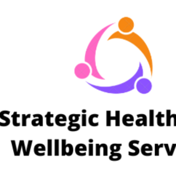 Pink orange and purple lines forming a circle with wording below 'Strategic Health and Wellbeing Services'