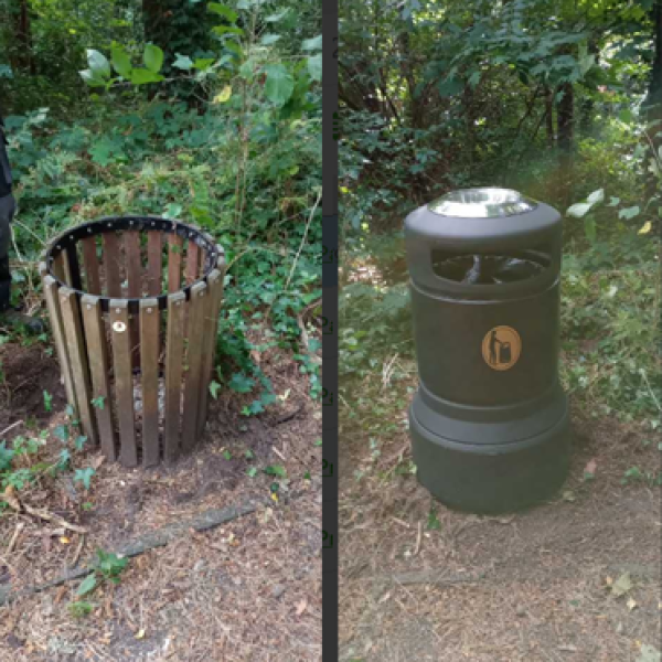 small wooden bin on left, new replacement larger black bin with covered lid on right