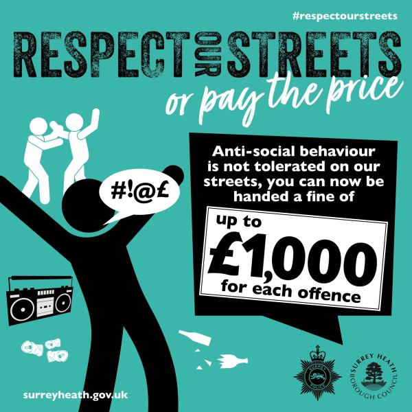 Green background with wording 'Respect our streets or pay the price. Anti-social behaviour is not tolerated on our streets. You can now be handed a fine of up to £1,000 for each offence.' SHBC and Surrey Police logos bottom right. Graphic of silhouette of a person with speech bubble with symbols representing swearing, figures in background fighting, music player, drinks cans and smashed bottle on ground.