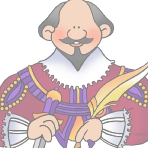 cartoon image of Shakespeare with a feather quill pen